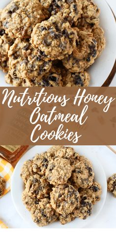 three different views of cookies with text overlay that reads nutritious honey and oatmeal cookies