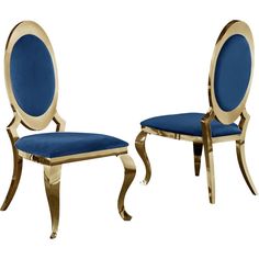 two chairs with blue upholstered seats and gold trim