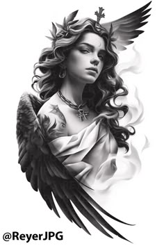 a black and white drawing of a woman with tattoos on her arm, holding an angel wing