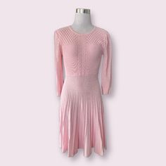 Nwt Umi Eason Pink Cable Knit Midi Dress 70% Cotton 30% Spandex Such A Dainty Pattern And Color 3/4 Lantern Sleeve Flared Skirt Size L But More Like A S/M Fit Spring Ribbed A-line Sweater Dress, Chic Textured Knit Spring Dress, Summer Long Sleeve Pointelle Knit Dress, Summer Pointelle Knit Long Sleeve Dress, Pink Fitted Midi Sweater Dress, Fitted Pointelle Knit Mini Dress For Spring, Spring A-line Knit Dresses, Fitted Knitted Midi Dress, Fitted Knee-length Textured Knit Dress