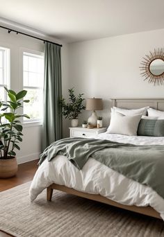 Sage Green Farmhouse Bedroom Bedroom Inspirations Master Sage Green Bedding, Hint Of Green Bedroom, Sage Tan Bedroom, Master Bedrooms With Green Accents, Eucalyptus Bedroom Decor Ideas, Sage Green Gray And White Bedroom, Bedroom Inspirations Master Clean, Bedroom With Green Sheets, Bedroom Emerald Green Accents