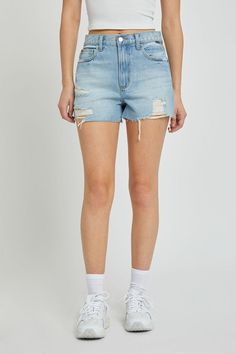 model is wearing Light Denim High Rise Mom Shorts with white top and white running sneakers Mom Shorts, Swimwear Sale, Light Denim, Straight Cut, Summer Wardrobe, Lightweight Fabric, High Rise, Couture, Wardrobe