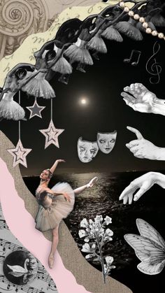 an artistic collage with many different images and hand gestures, including a ballerina