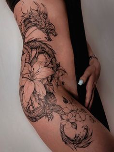 Dragon Tattoo Hip, Stylist Tattoos, Thigh Tattoos, Thigh Tattoos Women