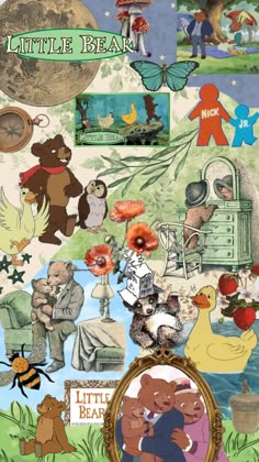 the little bear is surrounded by many different pictures and things that are all over it