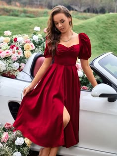 Ruched Fake Button Puff Sleeve Sweetheart Neck Split Thigh Satin Dress | SHEIN USA Red Satin Dress, Vacation Outfits Women, Frock For Women, Red Bridesmaid Dresses, Maroon Dress, Shein Dress, Red Dresses, Red Prom Dress, Sweetheart Neck