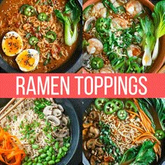 ramen toppings in bowls with text overlay