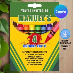 a birthday party flyer with crayons on it