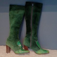 Great Vintage Condition Beautiful Juicy Green,, Color Of The Season! Minor Scuffs Front And Some Use On Suede, Nothing Major Unique Boots Measurement In Photos Interior Clean,Lined With Soft Leather Outsoles Partially Replaced Green High Heel Suede Boots, Green Suede High Heel Boots, Green Suede Closed Toe Boots, Green Leather Heeled Boots With Pointed Toe, Casual Fitted Heeled Boots With Leather Sole, Fitted Casual Heeled Boots With Leather Sole, Green Suede Boots With Pointed Toe, Green Suede Spring Boots, Vintage Green Leather Boots