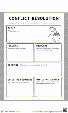 the conflict resolution worksheet is shown in black and white, with an image of a