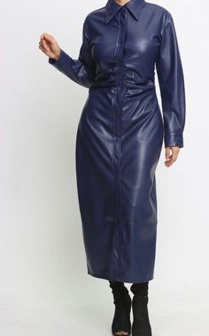 Navy faux leather midi button down dressRuching or bunching at abdomenSnap button dress Collar Faux Leather Dress Outfit, Jumpsuits Womens Fashion, Leather Dress Outfit, Wet Look Dress, Long Leather Skirt, Leather Shirt Dress, Kingdom Hall, Boot Outfits, Suede Style