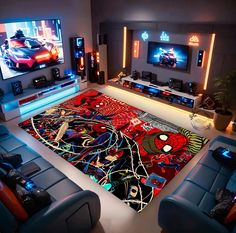 a living room with two couches and a rug on the floor in front of televisions