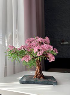 Pink tree sculpture Wire Cherry Blossom Tree, Beaded Plants, Handmade Desk, Bead Tree, Beaded Tree, Handmade Desks, Handmade Aesthetic, Tree Handmade, Wire Trees