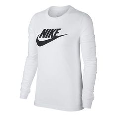 Nike Long Sleeve T-shirt For Spring, Classic Logo Print Tops For Spring, Classic White Nike Tops, White Nike Tops For Spring, Nike Graphic Print Tops For Fall, Nike Tops With Letter Print For Fall, Classic Long Sleeve Tops With Logo Print, Basic White Shirt For Fall, Basic White Nike Top