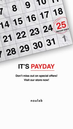 a calendar with the words it's payday on it and an image of a red