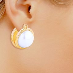 Women's 14K Gold Stud Earrings. 14K Gold Dipped Hypoallergenic Brass Double Pearl Split Stud Earrings. Pin Catch Closure. .75" x .75". Gold-tone Round Huggie Earrings For Gift, White Clip-on Hoop Earrings For Gift, White Clip-on Hoop Earrings As Gift, White Gold Plated Earrings For Anniversary, White Round Clip-on Earrings, White Gold-plated Earrings For Anniversary, White Gold Plated Hoop Pearl Earrings, Tarnish Resistant Gold Plated Round Pearl Earrings, White Hypoallergenic Pearl Earrings Gold Plated