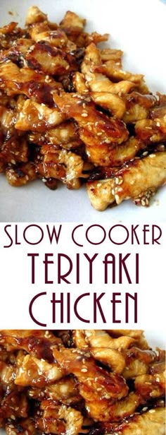 slow cooker teriyaki chicken on a white plate with the words slow cooker teriyaki chicken