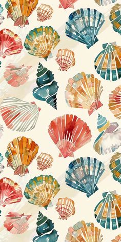 colorful seashells on white background with watercolng effect in shades of blue, orange and red