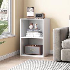 a living room with a couch and a book shelf