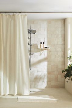 a bathroom with a shower, toilet and bathtub next to a plant in the corner