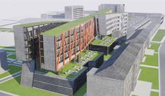 an artist's rendering of a building in the middle of a city with lots of green roofing