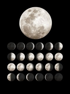 the phases of the moon are shown in black and white, as well as an image of