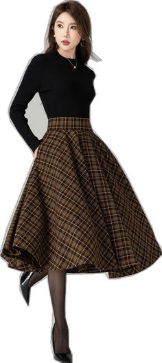 Brown Full Skirt For Winter, Casual Full Skirt For Winter, Brown Full Skirt Bottoms For Winter, Brown Skirted Bottoms For Fall, Plaid Skirt With Pockets For Winter, Casual Knee-length Winter Skirt, Vintage Gathered Skirt For Fall, Plaid Skirt With Pockets, Knee-length Plaid Bottoms For Fall