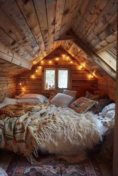 an attic bedroom is decorated with lights and blankets on the bed, while a shaggy rug covers the floor