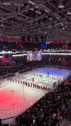 an ice hockey stadium with fans watching the game