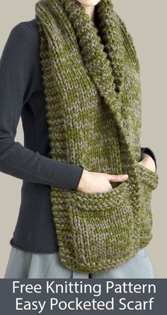 a woman wearing a knitted scarf with the text free knitting pattern easy pocketed scarf