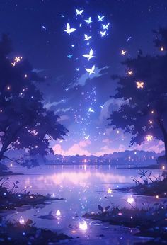 the night sky is filled with butterflies and stars, as well as some trees in the foreground