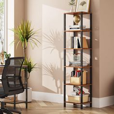 a room with a desk, chair and bookshelf