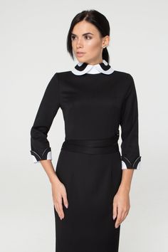 "A beautiful pencil dress featuring white peter pan collar, fitted silhouette and midi length! - fitted sheath silhouette - high neck collar - knee length (midi) - 3/4 sleeves with white cuffs - matching fabric belt - concealed back zipper closure Color: black Fiber: viscose - 40%, elastane - 5%, polyester - 55% For Size S: dress length - 40\", sleeve length - 14,5\" (2/3) Our model wears size S (US 6) and is 171cm/5'6\" tall. MORE DRESSES: https://www.etsy.com/shop/TAVROVSKA?ref=hdr_shop_menu S Elegant Collared Mini Dress For Formal Occasions, Elegant Mini Dress With Collar For Work, Black Collared Dress For Business, Elegant Fitted Midi Dress With Doll Collar, Classic Collared Mini Dress For Formal Occasions, Classic Collared Mini Dress For Formal Events, Fitted Collared Midi Dress For Business, Classic Workwear Dress With Striped Collar, Formal Collar Mini Dress