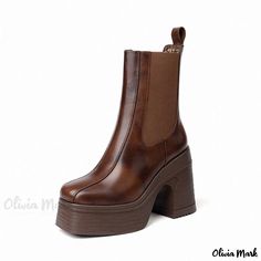 Olivia Mark - Classic Leather Waterproof Platform Chunky Heel Square Toe Casual Ankle Boots Brown Chunky Platform Boots With Round Toe, Waterproof Round Toe Heeled Boots For Fall, Waterproof Heeled Boots With Round Toe For Fall, Fall Waterproof Round Toe Heeled Boots, Waterproof Faux Leather Boots For Fall, Brown Round Toe Wedge Boots For Fall, Brown Wedge Boots With Round Toe For Fall, Waterproof Ankle Martin Boots For Fall, Winter Chunky Platform Boots With Square Toe