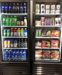 two refrigerators filled with drinks and snacks