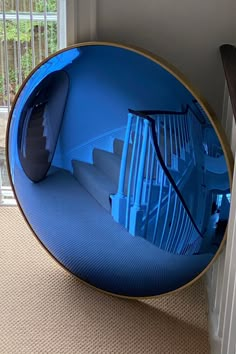 the reflection of stairs in a circular mirror