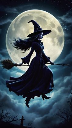 a witch flying through the air on her broom