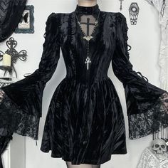 Please refer to our sizing chart for a guideline when choosing a size. 5 business days order processing time. 80% polyester 20% spandex High Waist Dresses, New Goth, Gothic Dresses, Techno Fashion, Gothic Women, Cross Embroidery, Aesthetic 90s, Bow Style, Halloween Gothic