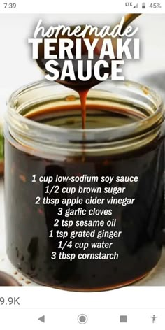 the recipe for homemade teriyaki sauce in a jar is shown on an instagram page