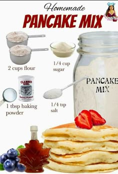 homemade pancake mix recipe in a jar with ingredients to make pancakes and other breakfast foods