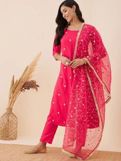 Magenta embroidered Kurta with Trousers with dupattaKurta design:Ethnic motifs embroideredStraight shapeRegular styleRound neck, three-quarter regular sleevesSequinned detailCalf length with straight hemSilk blend machine weave fabricTrousers design:Solid TrousersPartially elasticated waistbandSlip-on closure Ethnic Motifs, Diwali Sale, Blouse Sale, Net Saree, Organza Saree, Printed Sarees, Blouse Piece, Purple Floral, Salwar Kameez