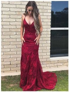 Looking for the latest Spaghetti Straps V-neck Open Back Lace Floor-length Mermaid Prom Dress online? Shop best formal dresses and gowns at Biztunnel. All Styles & Size, 100% Tailor-Made, Buy Now! Red Lace Prom Dress, Prom Dress With Train, Red Mermaid, Mermaid Prom Dresses Lace, Backless Evening Dress, Lace Prom Dress, Burgundy Prom Dress, Backless Prom Dresses, Burgundy Lace