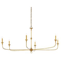 a brass chandelier with five candles hanging from the bottom and four lights on each end