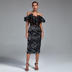 This stunning Off Shoulder Pleated Midi Elegant Bodycon Dress is perfect for elevating your look. The midi length, off shoulder and pleated details will give you a polished, sophisticated look for any special occasions. Our Style No.FP220311 Black Jacquard Height - 69.3"/176cm Bust - 35"/89cm Waist - 24"/61cm Hips - 36.2"/92cm and wears size S About Wholesale/Dropshipping, please contact us! Note: Colour may vary due to lighting on images. The product images (without model) are closest to the tr Corset Pencil Dress, Elegant Bodycon Dress, Sheer Corset, Dress Colour, Black Bodycon Dress, Perfect Woman, Pencil Dress, Product Images, Bandage Dress