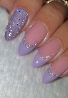 Cute Nail Designs Glitter, Purple Gel Nail Art, Nails Prom Purple, Gel X Nail Designs Purple, Lavender Hoco Nails, Purple Sparkle Nail Design, Cute Nail Designs Purple, Prom Nails Lilac, Purple Pink Ombre Nails