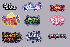 some type of stickers that are in different colors and sizes on a gray background