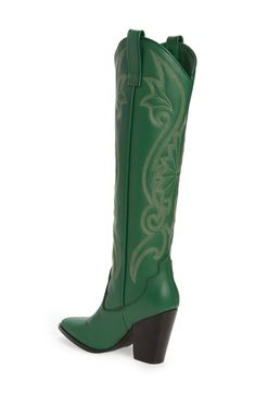 Kelly Green Boots, Western Knee-high Boots With Stacked Heel, Wide Calf Snip Toe Knee-high Boots For Spring, Wide Calf Knee-high Boots With Snip Toe For Spring, Western Style Medium Width Knee-high Boots For Spring, Western Wide Calf Knee-high Boots With Stacked Heel, Western Block Heel Knee-high Boots For Fall, Western Wide Calf Knee-high Boots With Square Toe, Western Knee-high Boots With Reinforced Heel