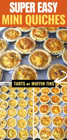 mini quiches on a baking tray before and after baking Easy Mini Egg Quiches, Breakfast Mini Pies, Ham And Cheese Mini Quiche Tarts, Mini Tarts Savory Appetizers, How To Make Mini Quiche, Recipes With Mini Pie Crust, Pillsbury Mini Pie Crust Quiche, Breakfast Tarts Recipe, Homemade Mini Quiche