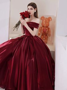 Burgundy Ball Gown, Red Ball Gown, Off Shoulder Wedding Dress, Formal Ball Gown, Off Shoulder Gown, Burgundy Prom Dress, Engagement Dresses, Red Satin, Gowns Dresses