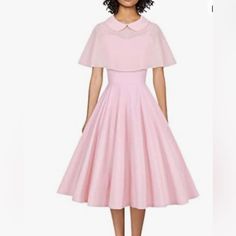 Nwt - Gowntown Women's 1950s Cloak Two-Piece Cocktail Dress Size Small Pink Vintage Pink Midi Dress For Party, Pink Fitted Dress With Peter Pan Collar, Fitted Dresses With Peter Pan Collar For Vintage Fashion, Vintage Fashion Fitted Dress With Peter Pan Collar, Fitted Dress With Peter Pan Collar In Vintage Style, Peter Pan Collar Vintage Style Fitted Dress, Retro Dresses With Peter Pan Collar For Vintage Fashion, 1950s Style Spring Midi Dress, Vintage Pink Midi Dress With Short Sleeves